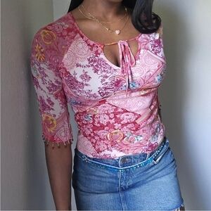 Vintage Y2k Boho Hippie Tie Front Paisley Beaded Top